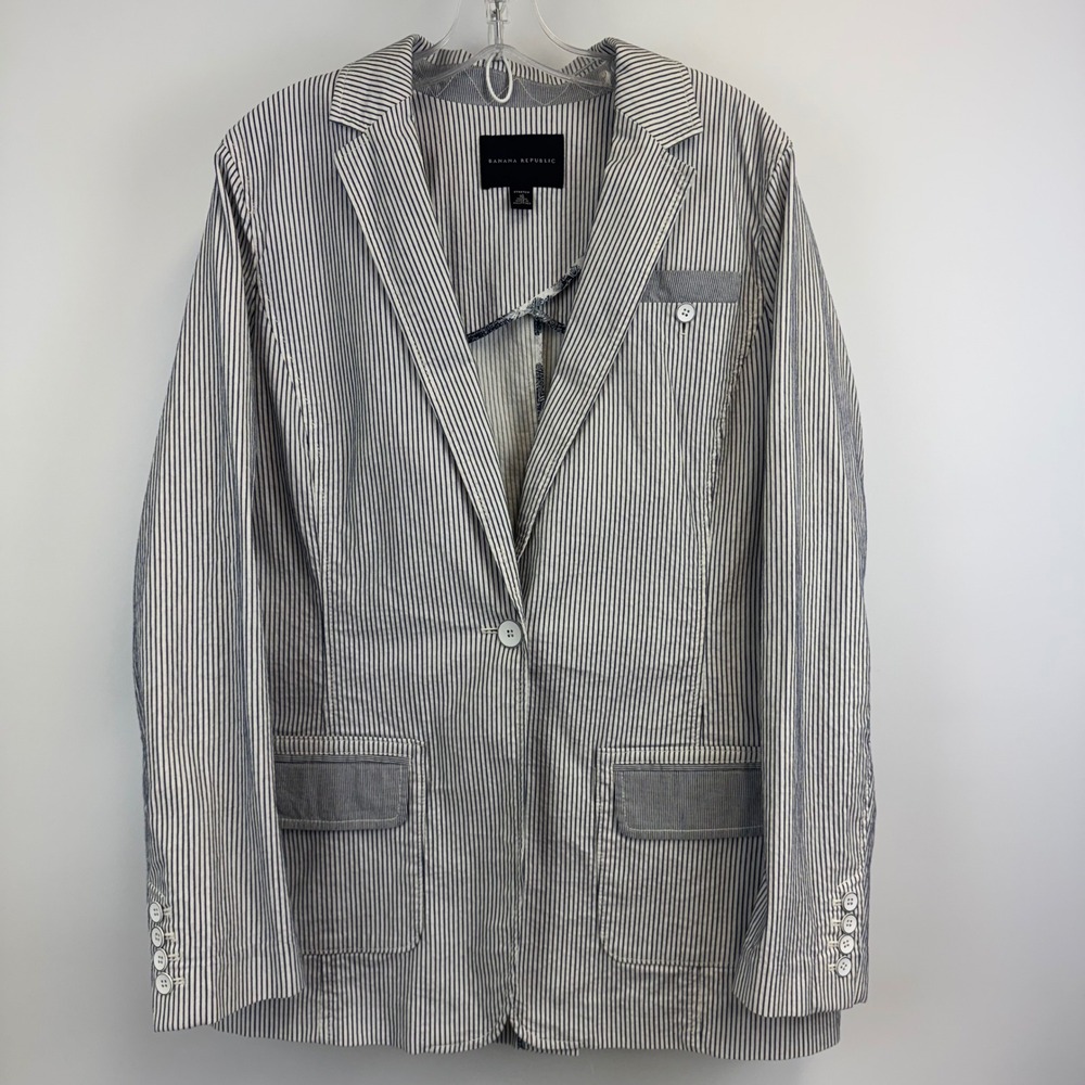 Banana Republic Womens Seersucker Pinstripe Blazer Jacket Navy White Size 16